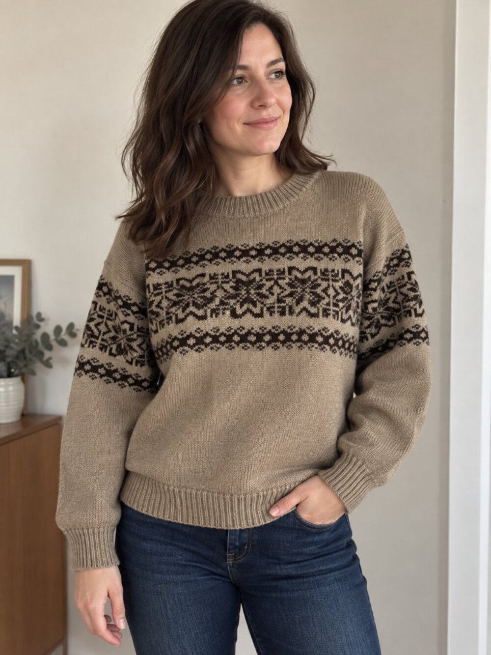 Handmade Taupe Nordic Fair Isle Knit Sweater M/L